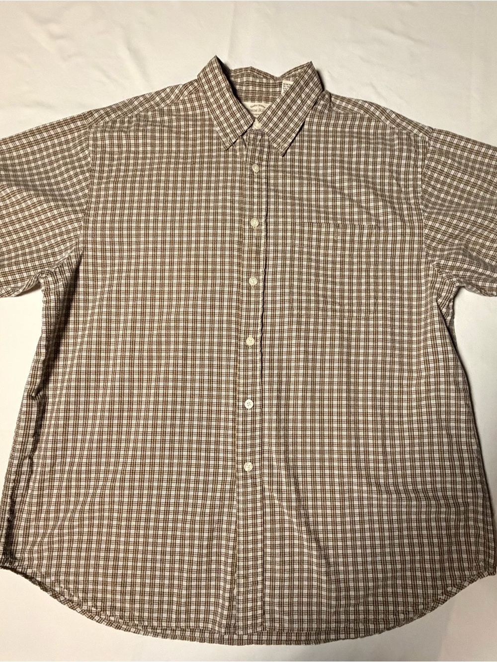 Denim&Co Tan and White Plaid Short Sleeve Button-Down Shirt